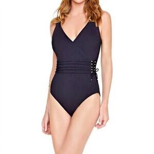 Gottex $157 Jezebel Aqua Blue Surplice Lace Up Side Tie One Piece Swimsuit SZ 6